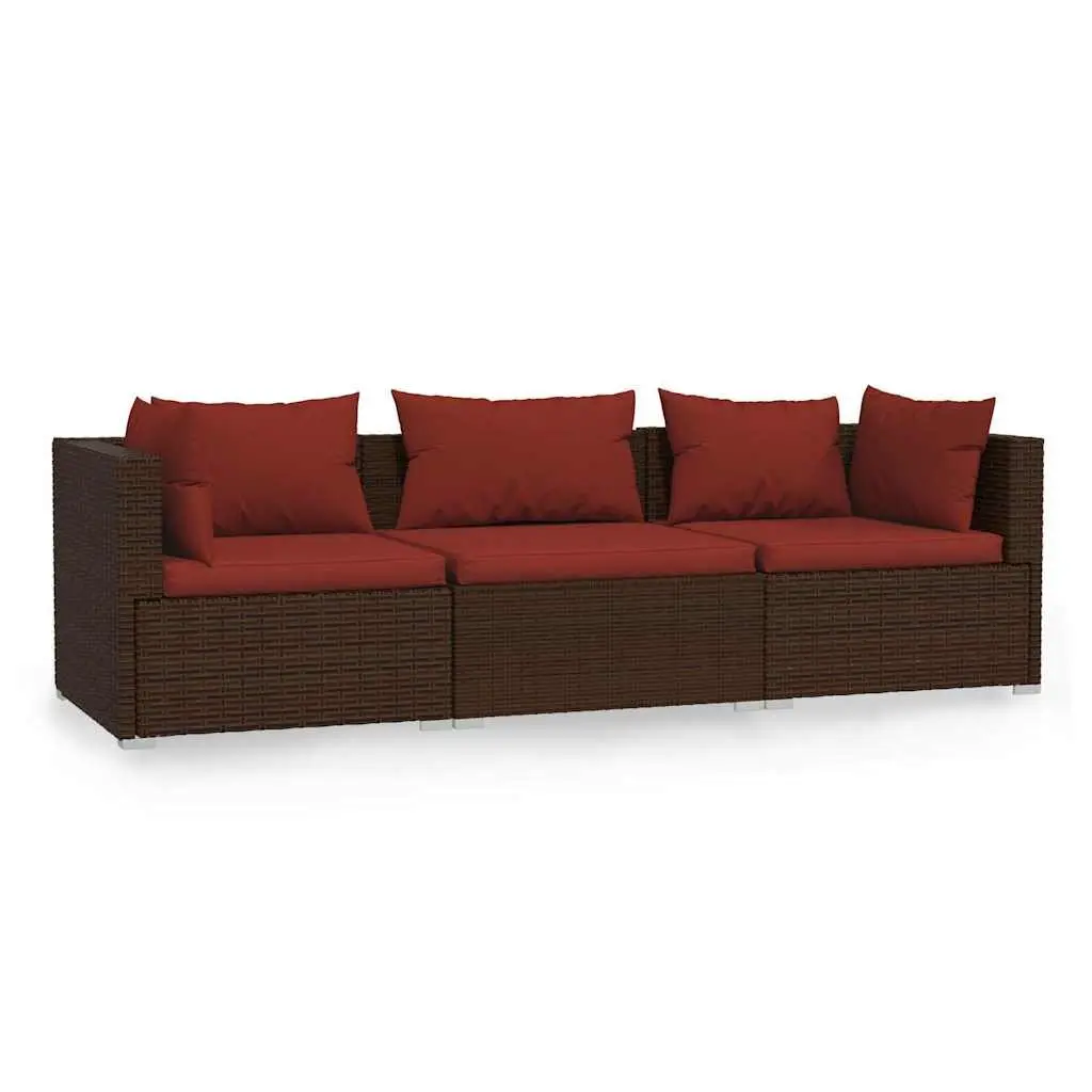 3-Seater Outdoor Sofa for Patio Garden Brown Rattan with Cushions
