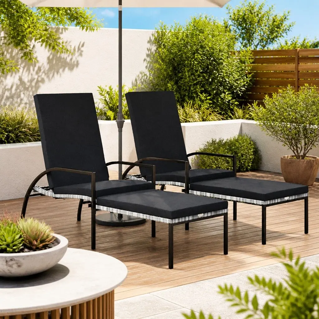 Sun Loungers Outdoor Use 2 Piece Grey Adjustable Backrest with Footrest Garden Patio Chairs