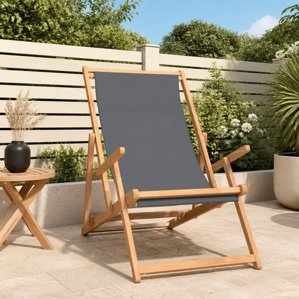 Folding Beach Chair Outdoor Garden Adjustable Backrest Teak Wood Grey