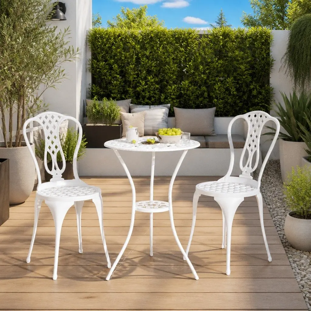 Bistro Set Outdoor Use 3 Piece White Cast Aluminium