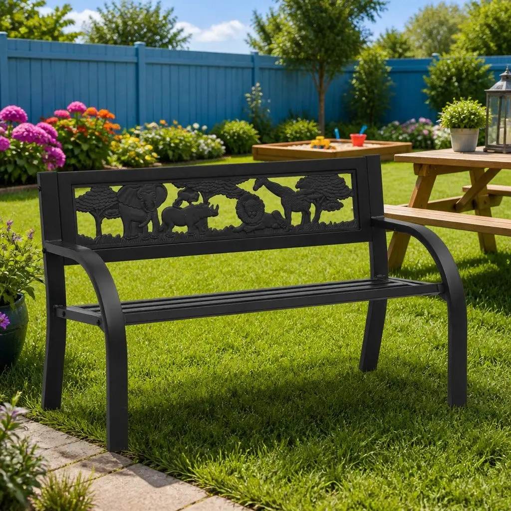 Children Garden Bench 86cm Outdoor Seating Steel Frame Black Backrest