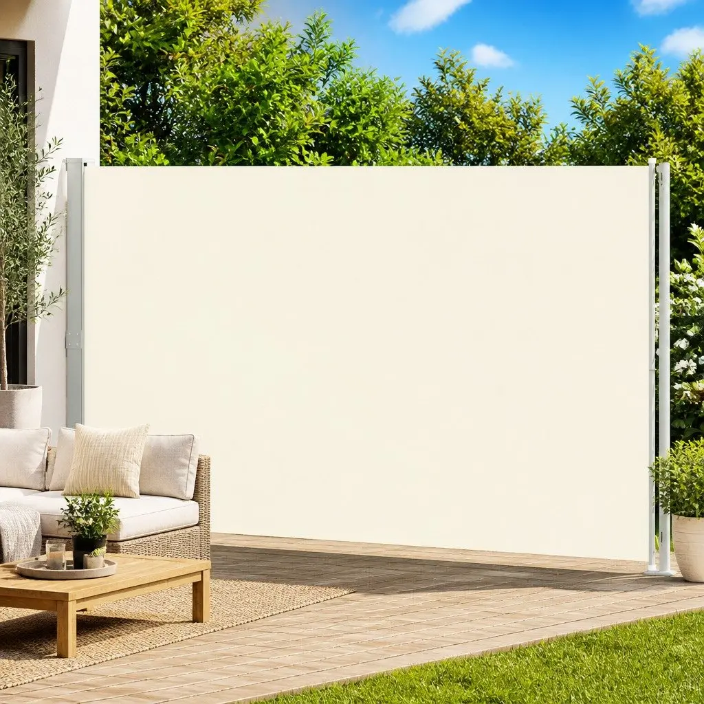 Retractable Side Awning Privacy Screen Cream 220cm x 600cm Outdoor Sunshade for Patio Balcony