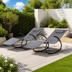 Rocking Sun Loungers Set of 2: Grey Textilene & Steel