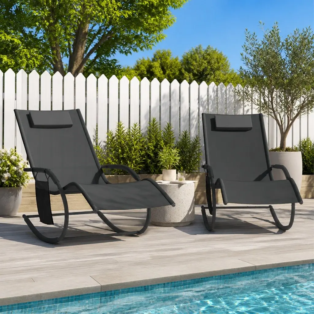 Sun Loungers Rocking Chairs 2 pcs Black Steel Textilene Outdoor Seating