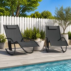 2 pcs Rocking Sun Loungers: Black Steel & Textilene