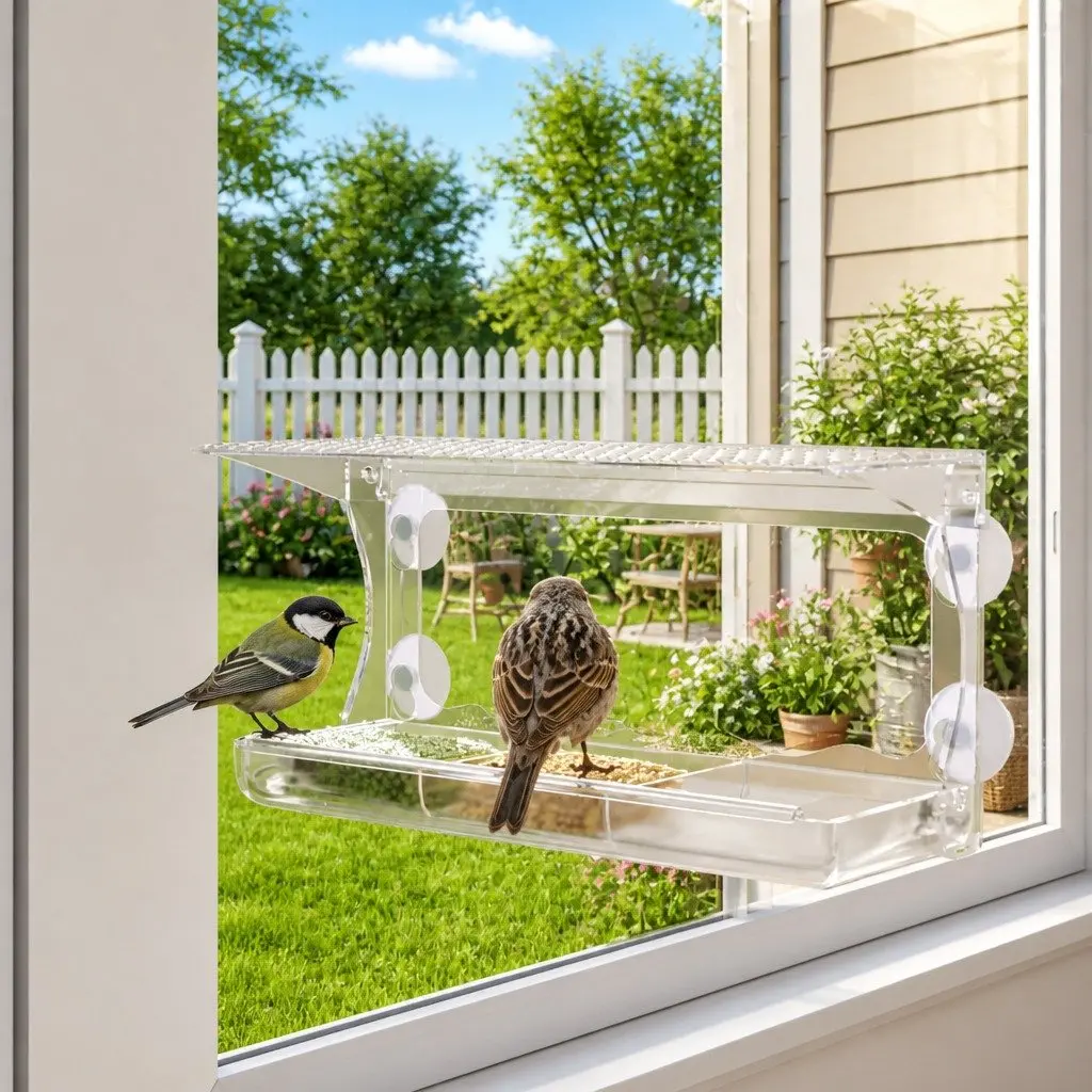 Window Bird Feeders 2 pcs Transparent Acrylic Outdoor Garden Bird Feeding