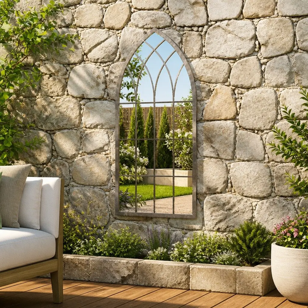 Garden Mirror Outdoor Decor Wall Mount Cream Iron Antique Effect 100x45cm