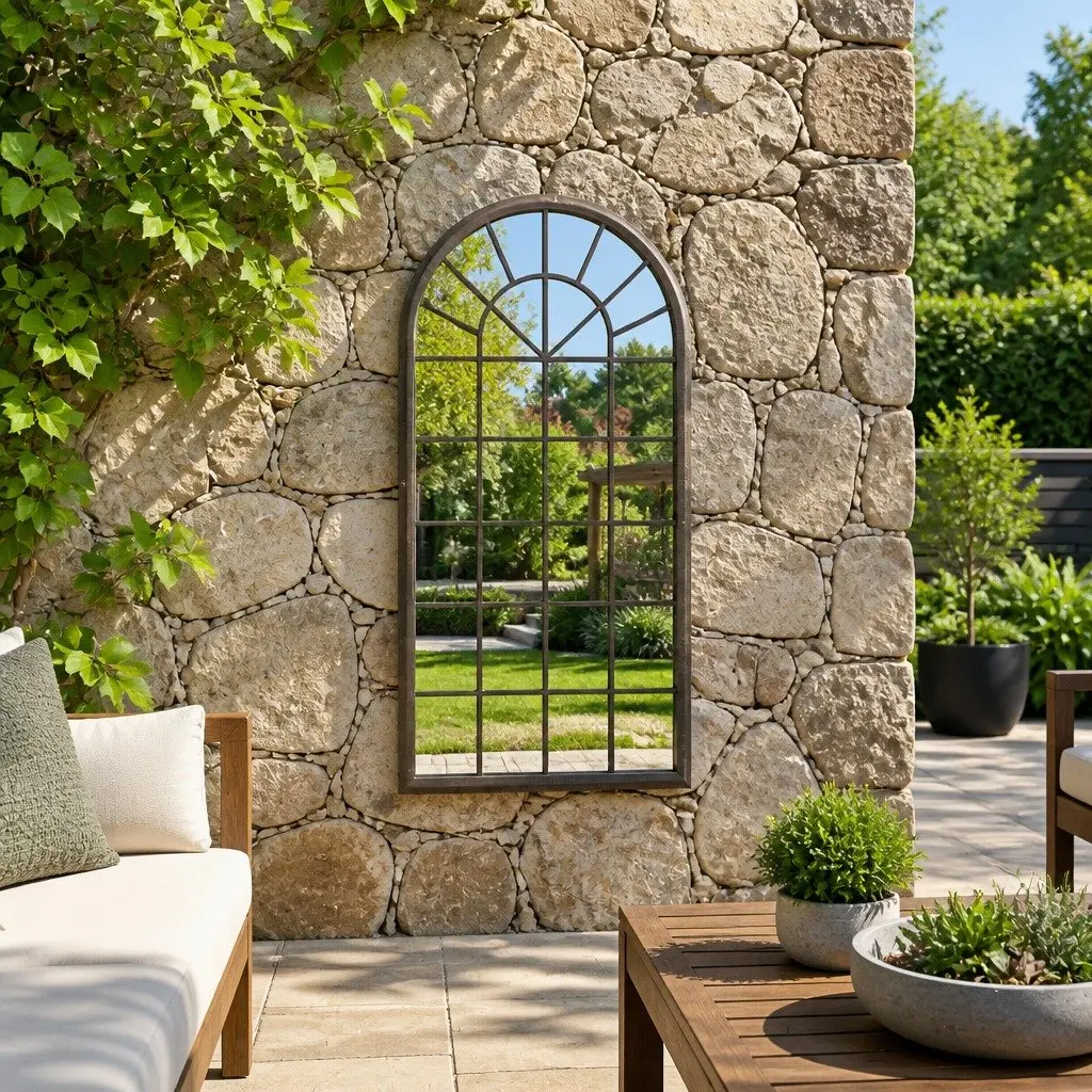 Garden Mirror Outdoor Use 90x45cm Cream Iron Frame Antique Effect