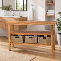 Bathroom Vanity Cabinet Solid Teak Wood with Seagrass Storage Baskets Brown