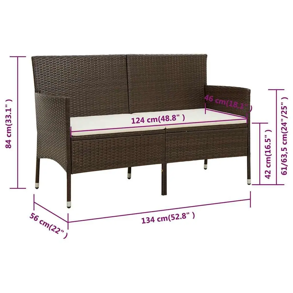Outdoor Sofa 3-Seater Patio Garden Furniture Brown Poly Rattan with Cushions