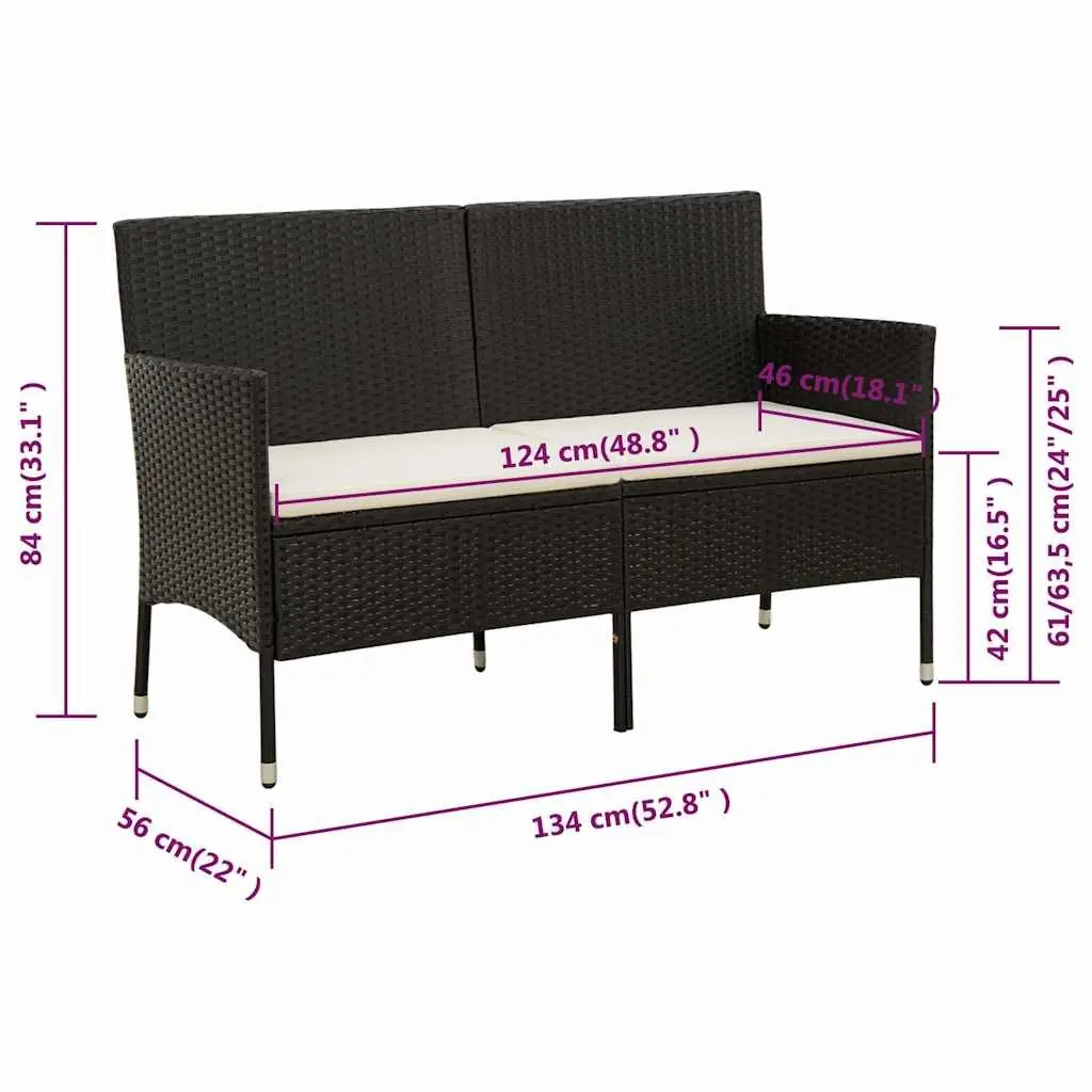 3-Seater Garden Sofa for Outdoor Use Black Poly Rattan Patio Couch with Cushion