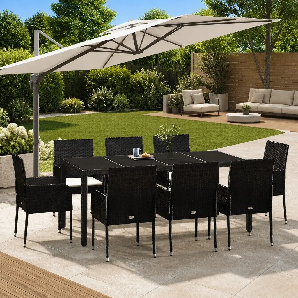9 Piece Black Rattan Outdoor Dining Set with Cushions for Garden Use