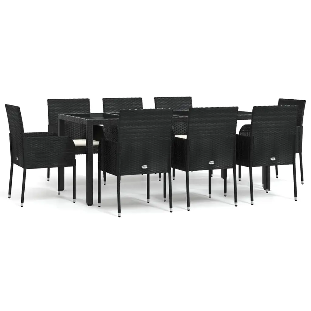 9 Piece Black Rattan Outdoor Dining Set with Cushions for Garden Use