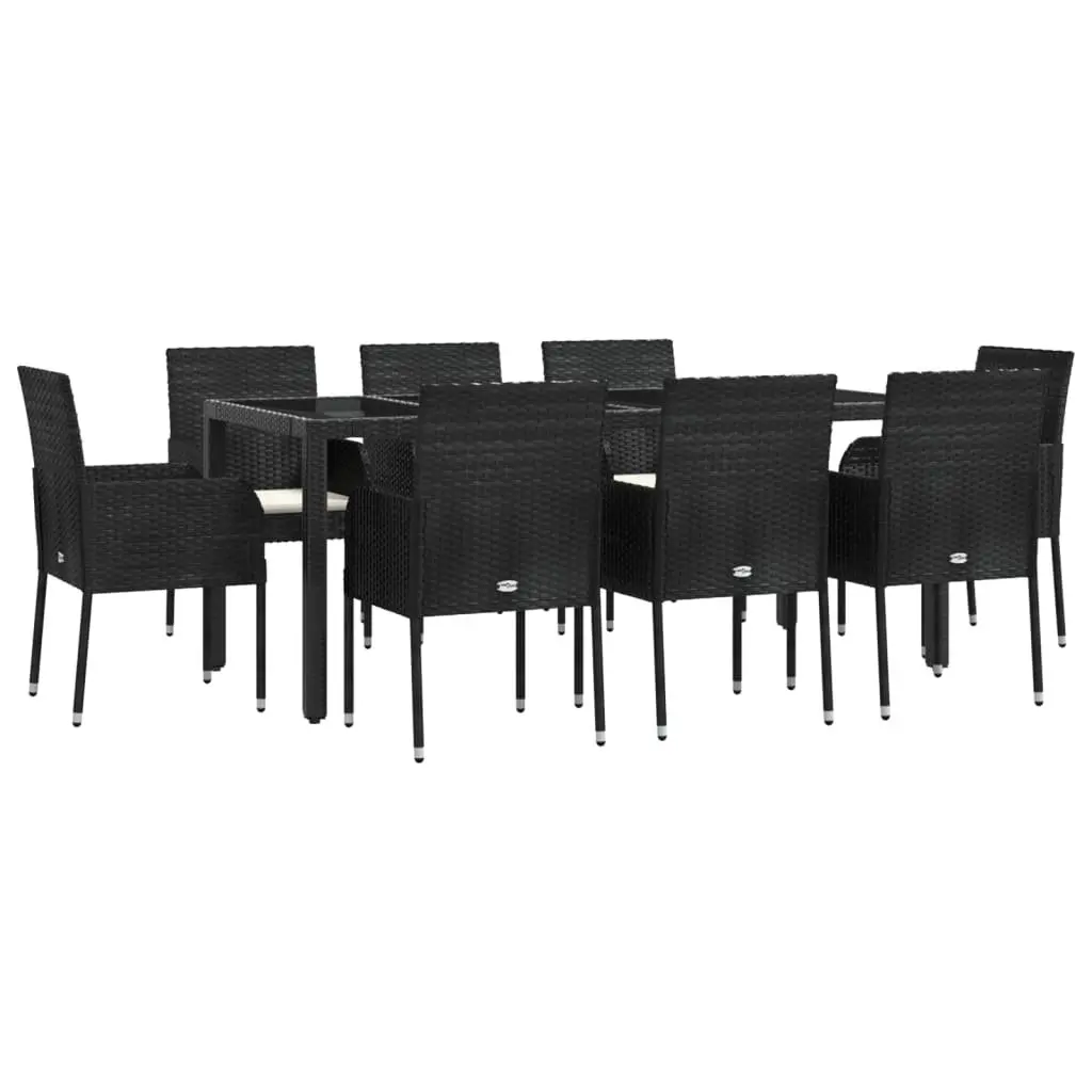 9 Piece Black Rattan Outdoor Dining Set with Cushions for Garden Use
