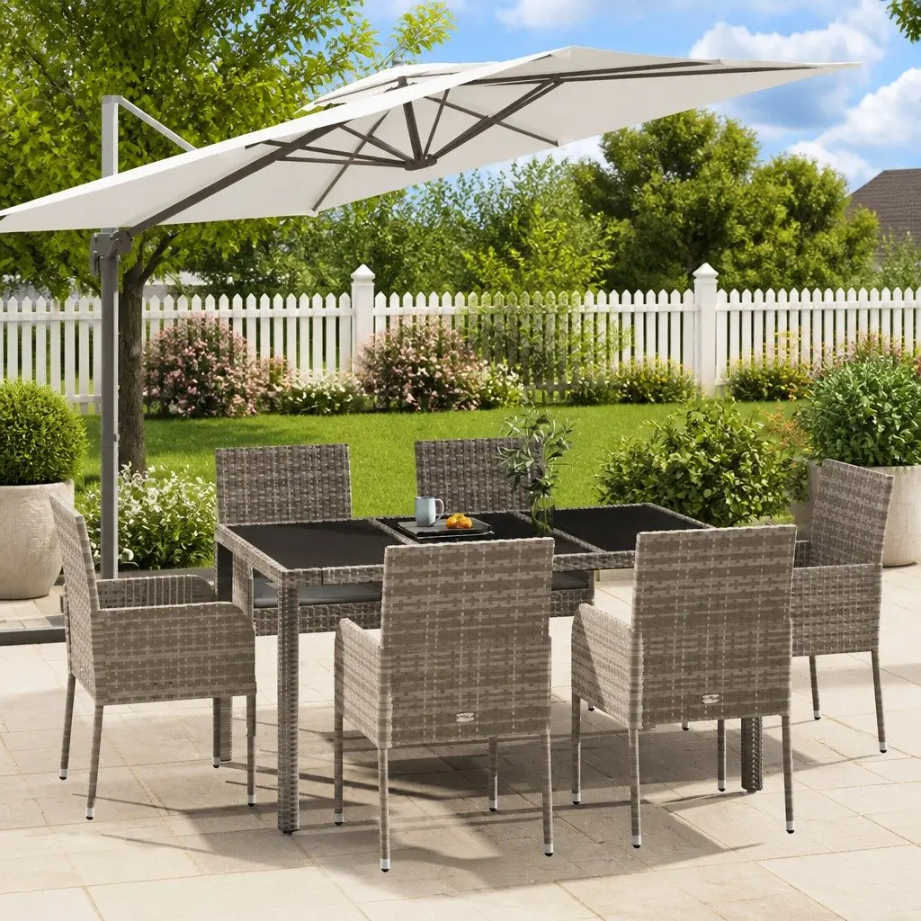 7 Piece Outdoor Dining Set for Garden Patio Grey Poly Rattan Chairs Table