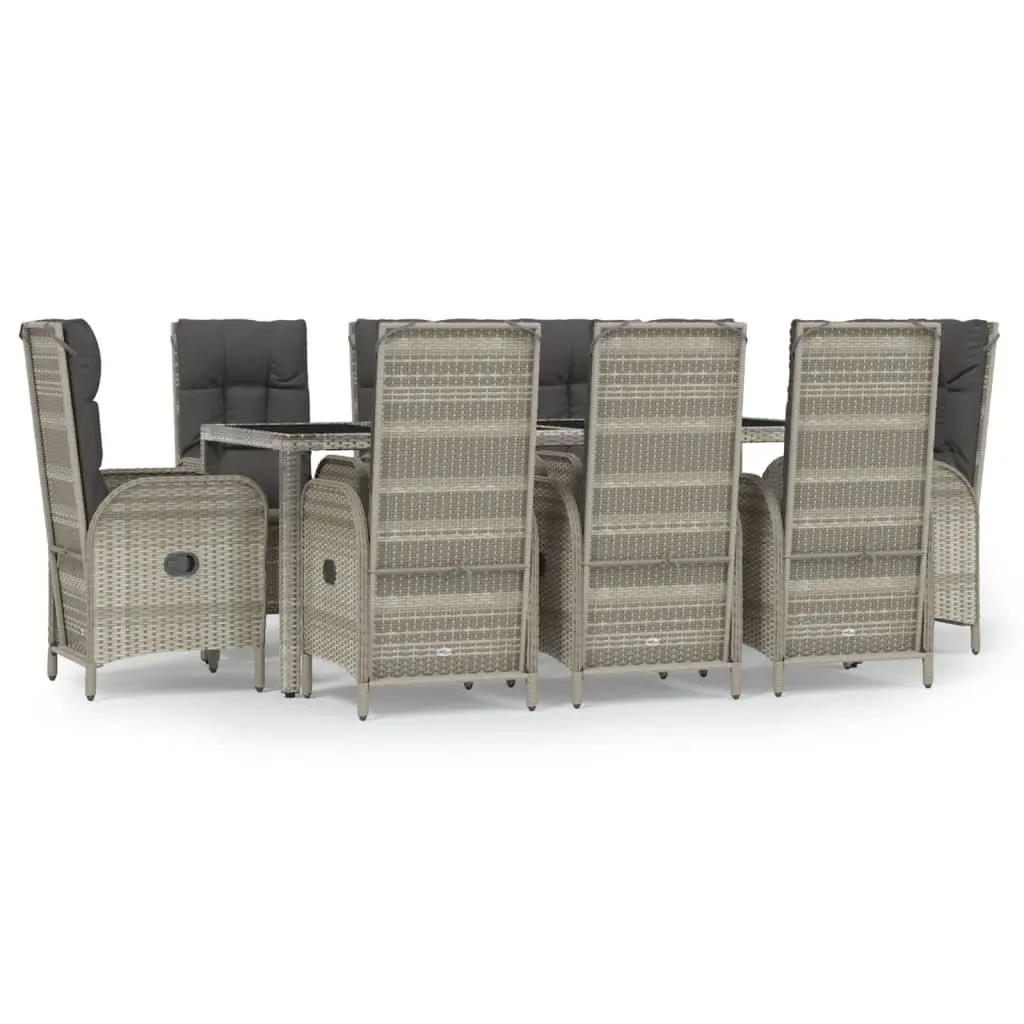 9 Piece Garden Dining Set Grey Poly Rattan Chairs with Cushions and Tempered Glass Table for Outdoor Use