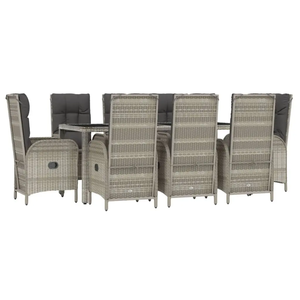 9 Piece Garden Dining Set Grey Poly Rattan Chairs with Cushions and Tempered Glass Table for Outdoor Use