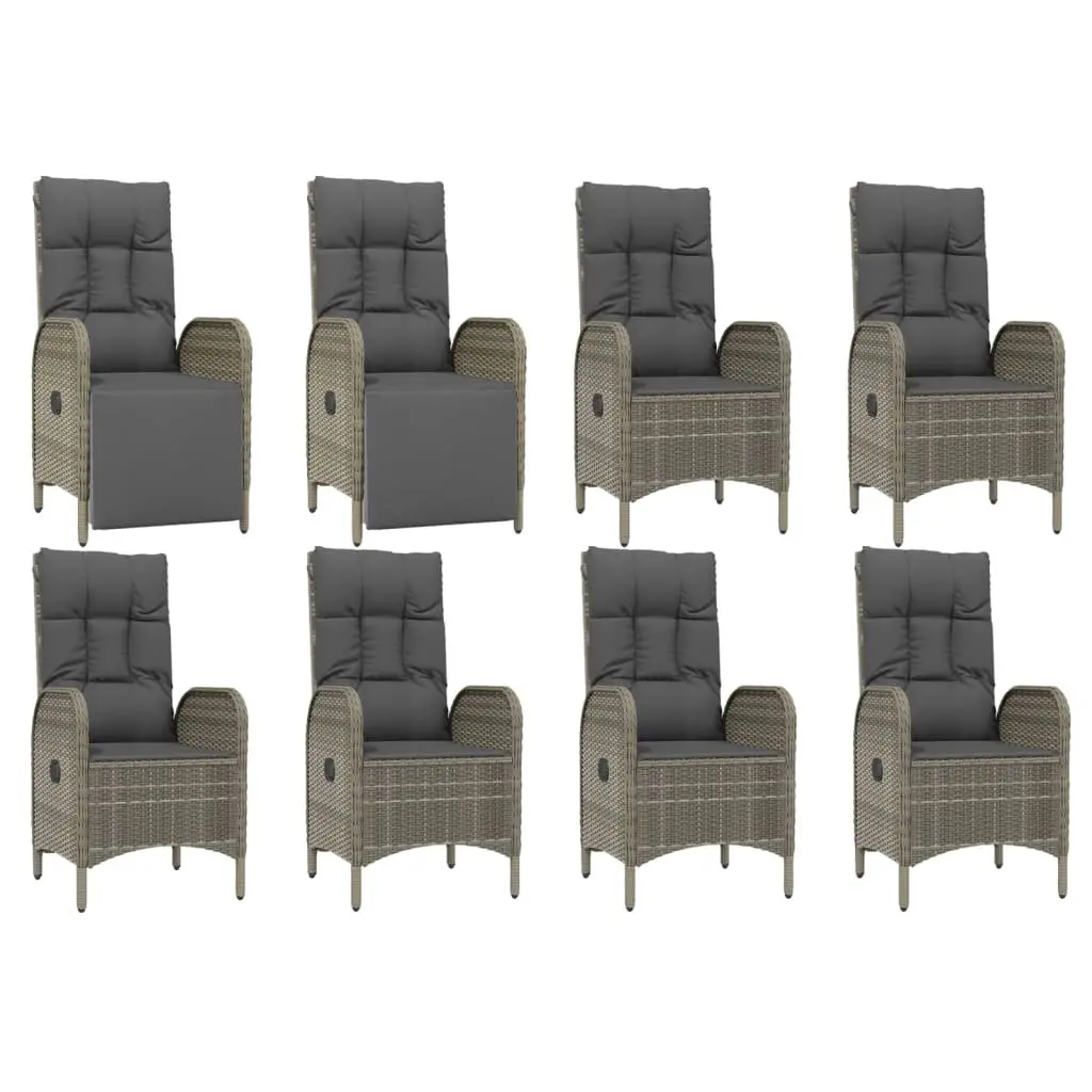 9 Piece Garden Dining Set Grey Poly Rattan Chairs with Cushions and Tempered Glass Table for Outdoor Use