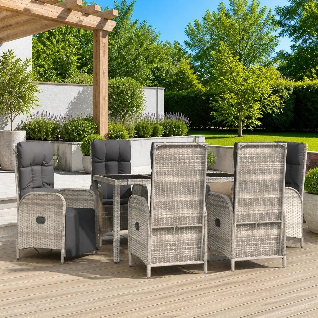 7 Piece Outdoor Garden Dining Set Grey Poly Rattan Furniture
