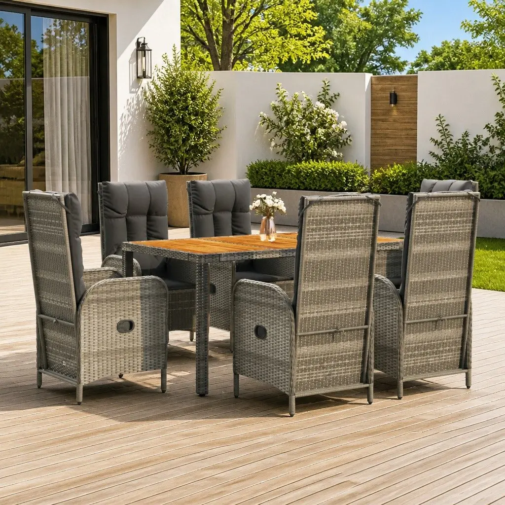 Outdoor Garden Dining Set 7 Piece Grey Poly Rattan Chairs Table Cushions