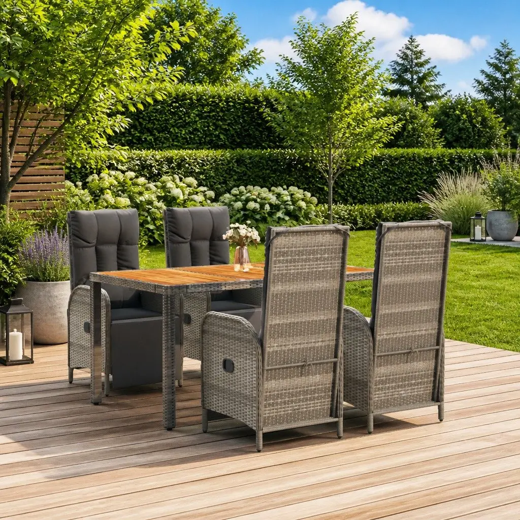 Garden Dining Set Outdoor Furniture 5 Piece Grey Poly Rattan Cushioned Chairs