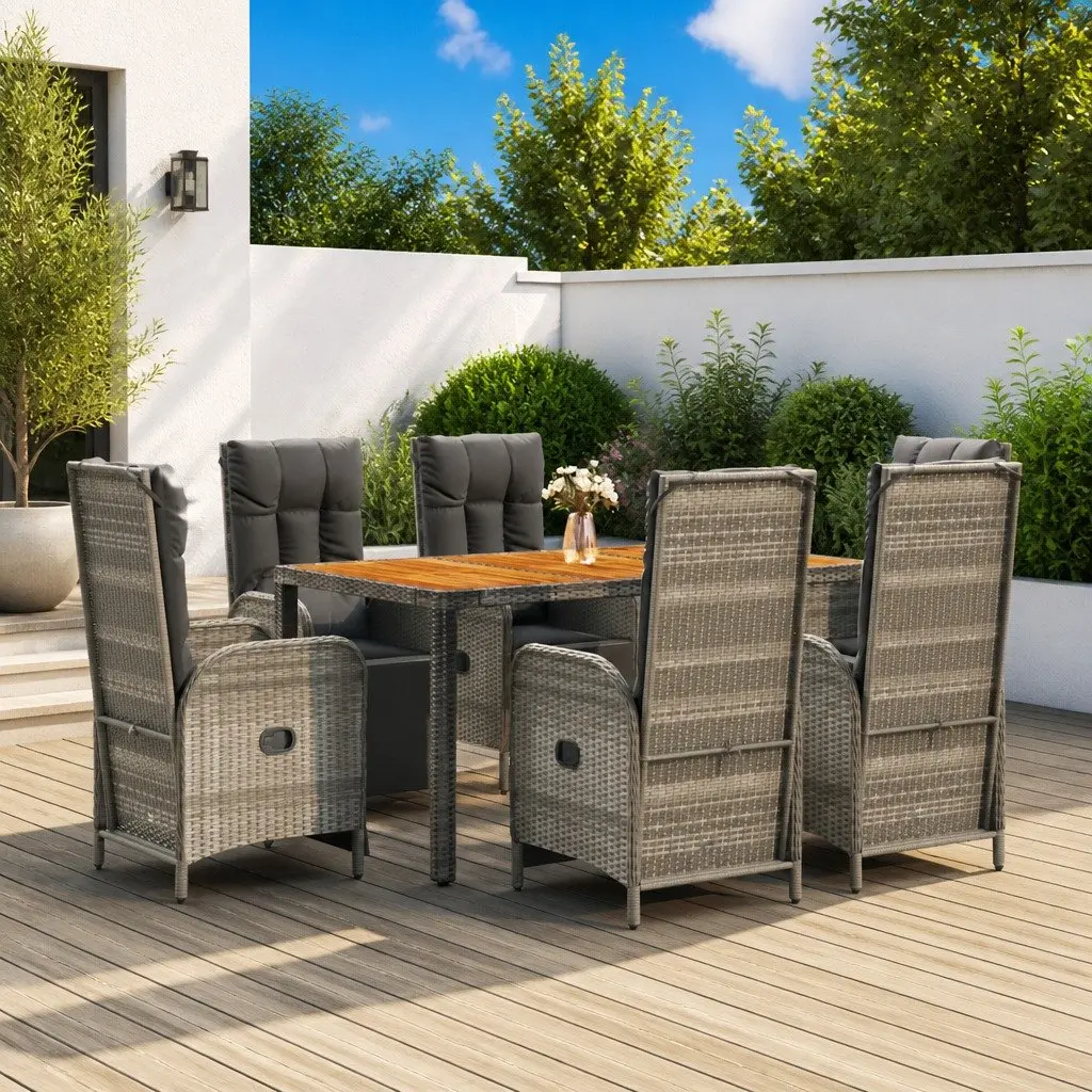 Outdoor Dining Set Garden Use 7 Piece Grey Poly Rattan Chairs Table with Cushions