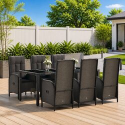 Garden Dining Set 7 Piece Outdoor Furniture Poly Rattan Black Grey with Cushions