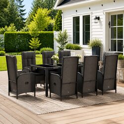 Garden Dining Set 9 Piece Outdoor Furniture Black Grey Poly Rattan Chairs Table