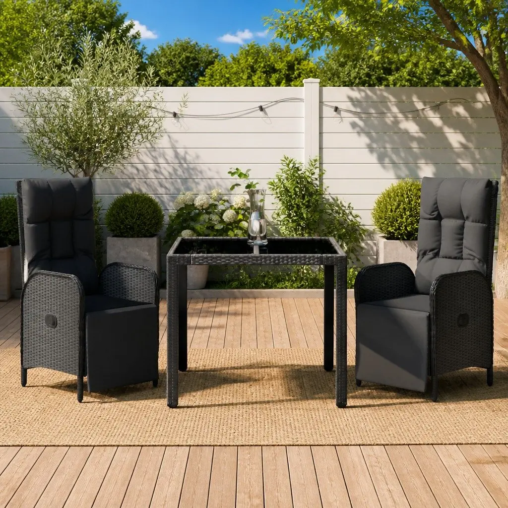 3 Piece Black Garden Dining Set with Adjustable Chairs