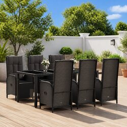 7-Piece Garden Dining Set: Black Rattan & Glass Table