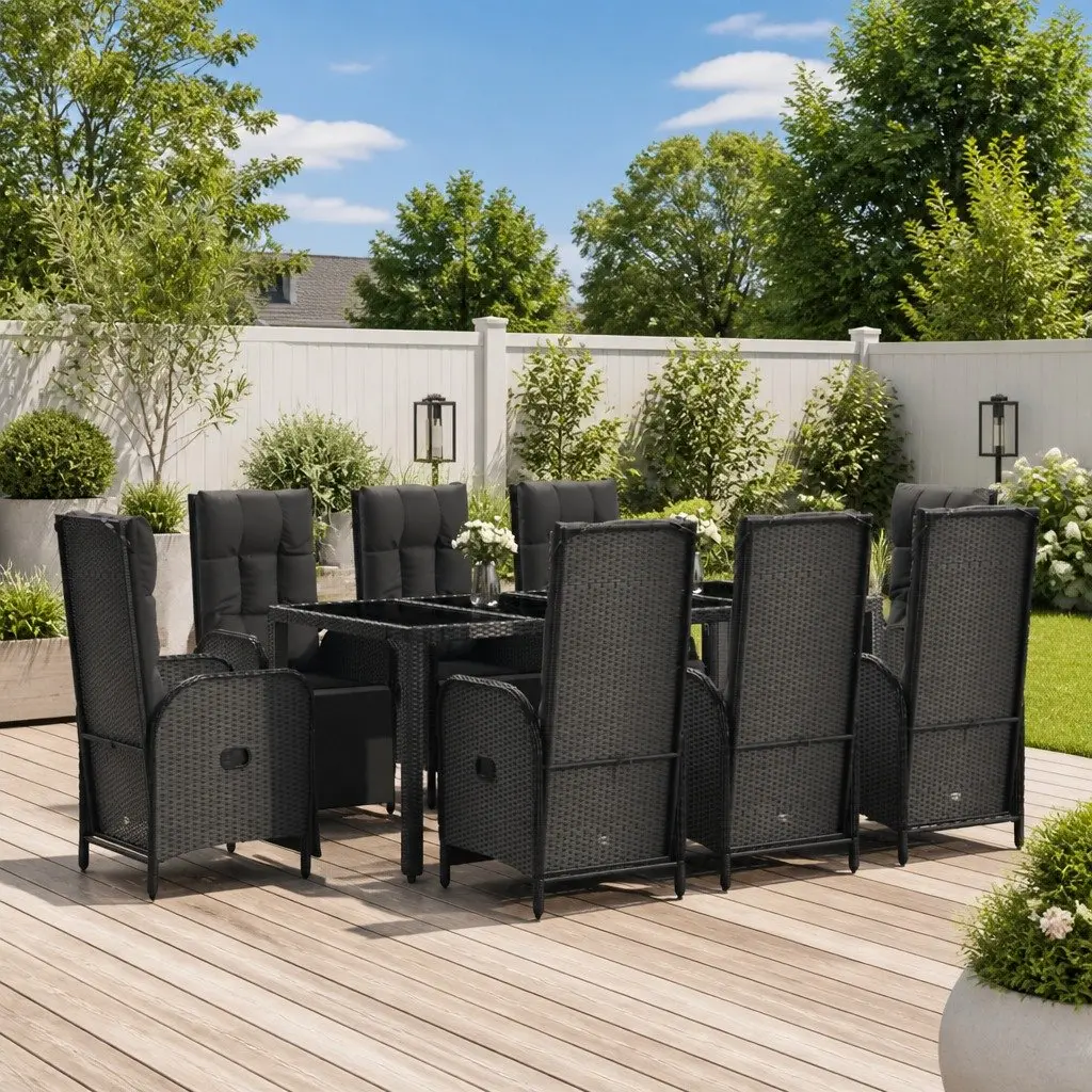 Outdoor Garden Dining Set 9 Piece Black Poly Rattan Furniture