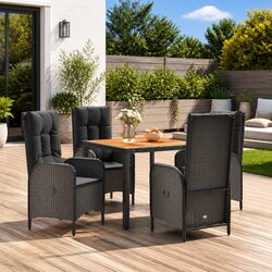 5 Piece Outdoor Garden Dining Set: Black Rattan, Acacia Wood