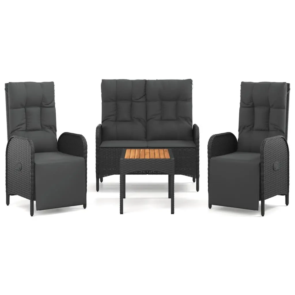 Outdoor Garden Dining Set 4 Piece with Cushions Black Poly Rattan Chairs Table