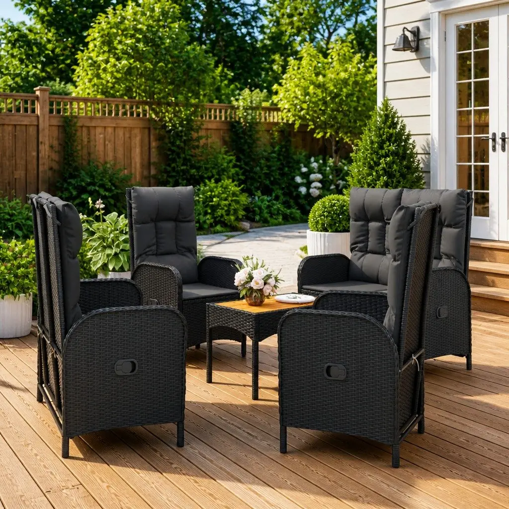 5 Piece Garden Furniture Set Outdoor Dining Table with Black PE Rattan Chairs and Padded Cushions for Relaxation