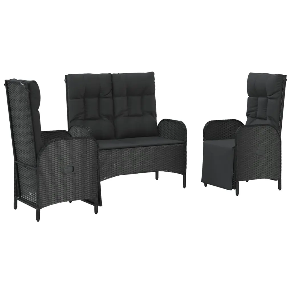 3 Piece Garden Dining Set Outdoor Use Black Poly Rattan Furniture with Cushions