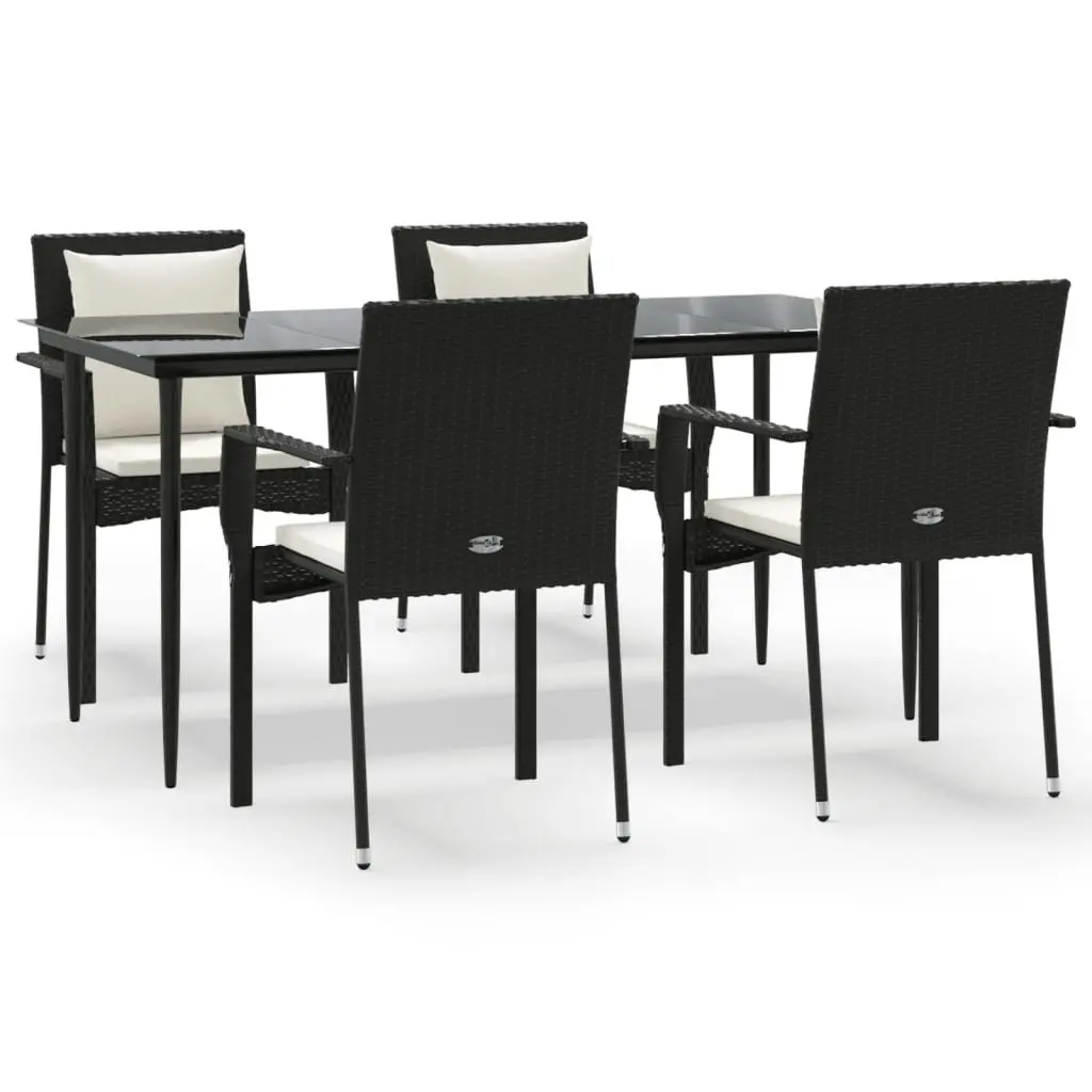 5 Piece Outdoor Garden Dining Set Black Poly Rattan Chairs Table Cushions