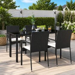 5 Piece Outdoor Dining Set: Black Rattan & Glass Specs