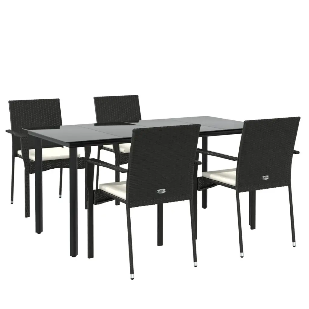 Outdoor Dining Set for Garden 5 Piece Black Rattan Chairs Table with Cushions