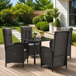 Garden Dining Set 5 Piece Black Poly Rattan Outdoor Furniture with Cushions
