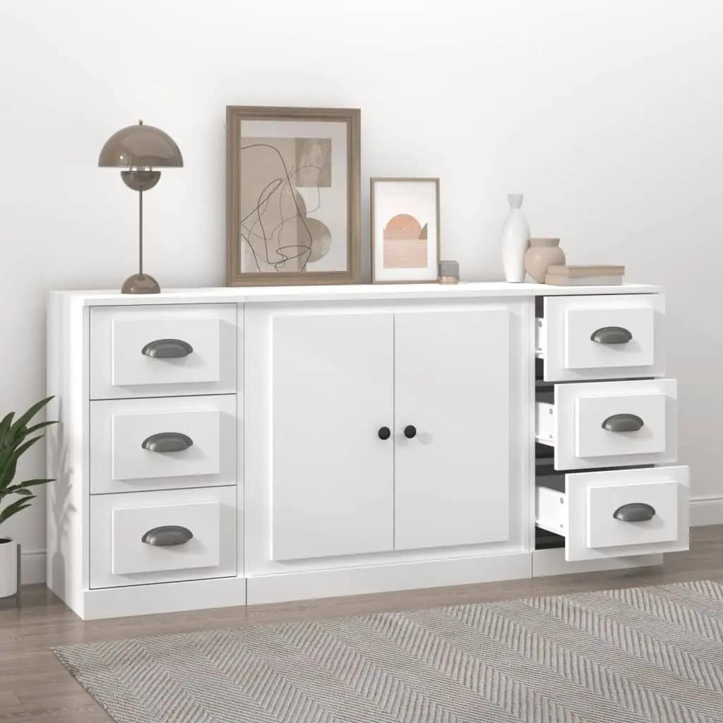 3-Piece White Engineered Wood Sideboard Storage Set
