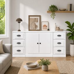 3-Piece White High Gloss Sideboards - Engineered Wood Storage