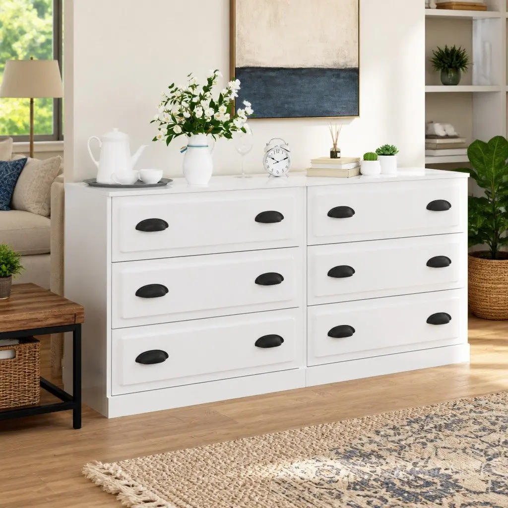 Sideboards Set of 2 Home Storage High Gloss White Engineered Wood