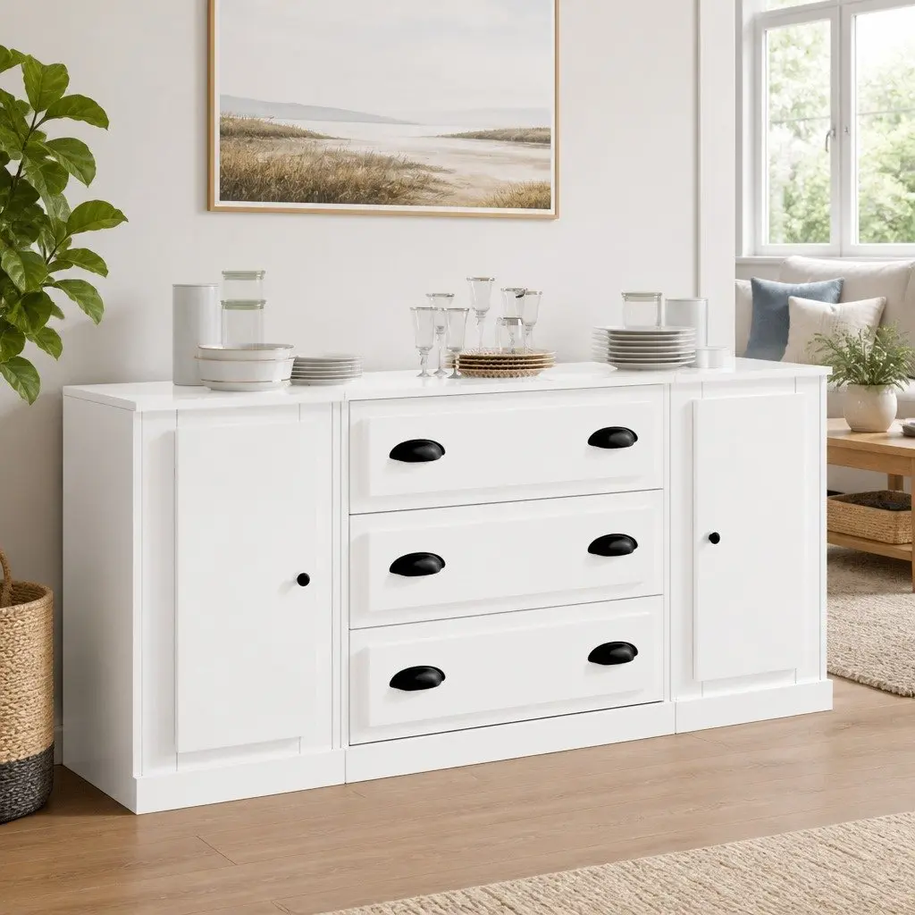 White High Gloss Sideboards 3 Piece Set Storage Cabinet Buffet Furniture