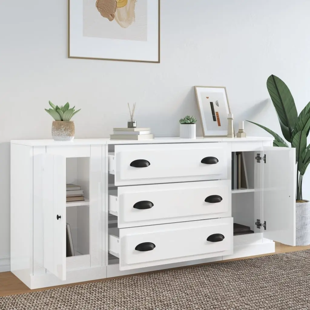 White High Gloss Sideboards 3 Piece Set Storage Cabinet Buffet Furniture