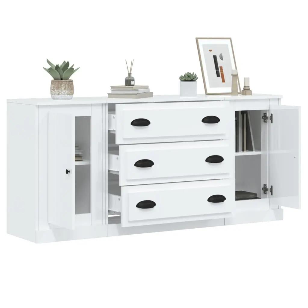 White High Gloss Sideboards 3 Piece Set Storage Cabinet Buffet Furniture