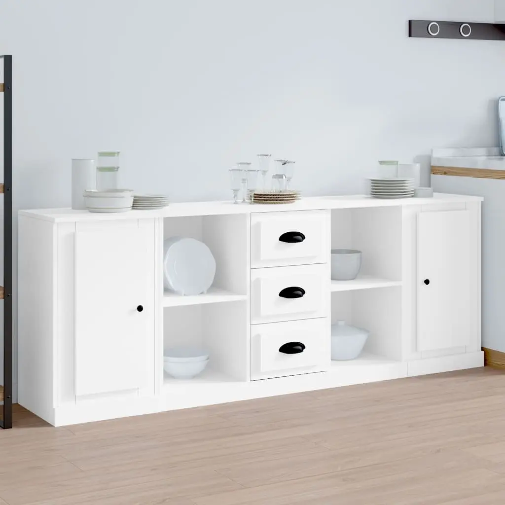 3 Piece Engineered Wood Sideboards Storage Cabinet Set White for Home Organization