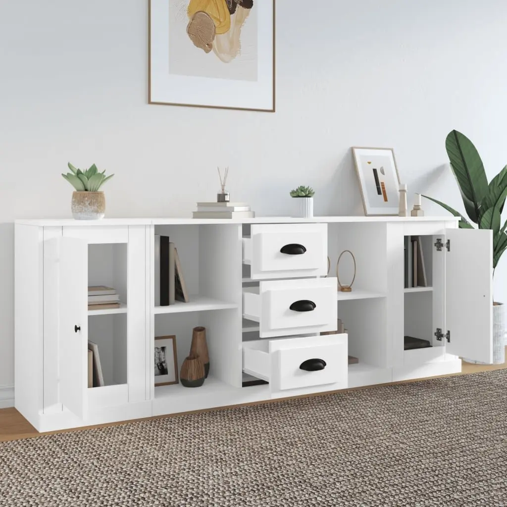 3 Piece Engineered Wood Sideboards Storage Cabinet Set White for Home Organization