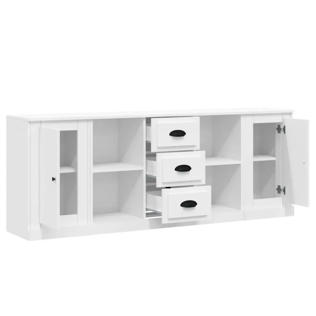 3 Piece Engineered Wood Sideboards Storage Cabinet Set White for Home Organization