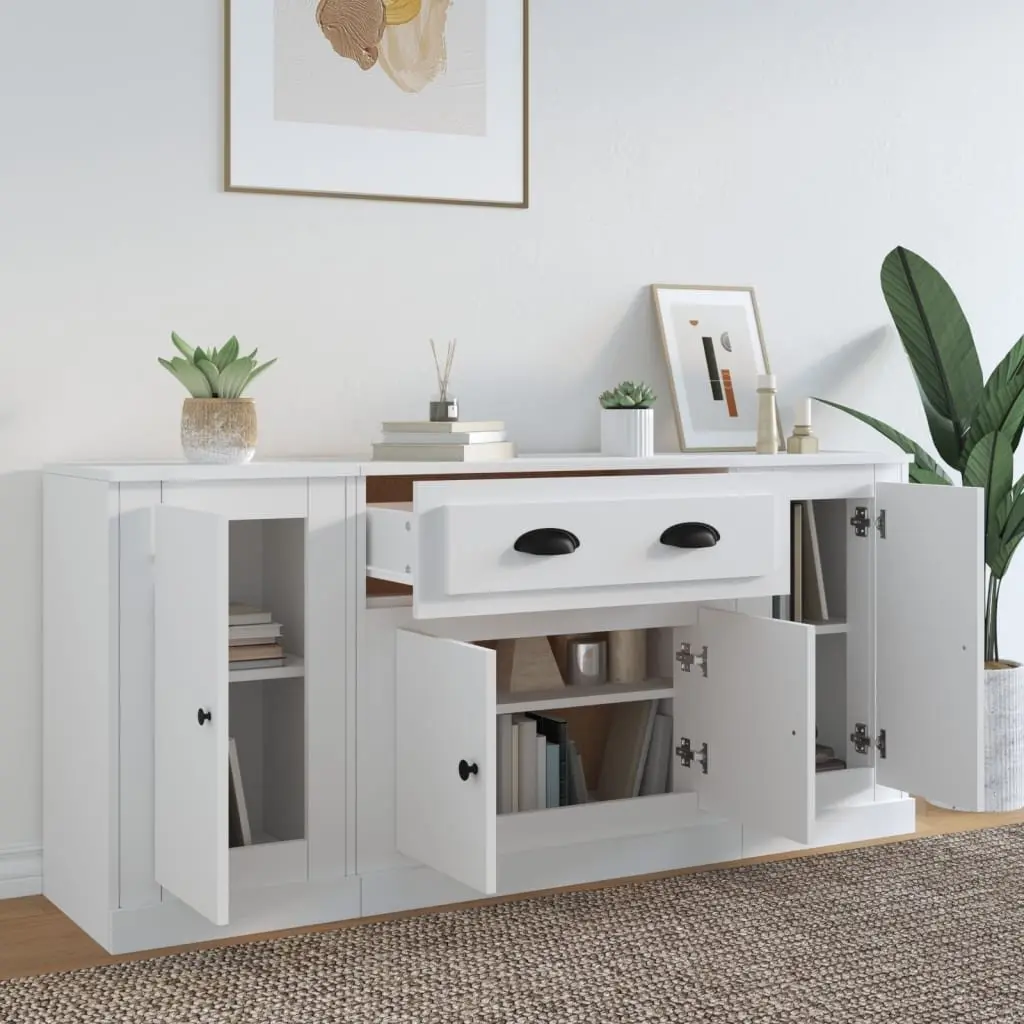 White Engineered Wood Sideboards Set of 3 Storage Cabinet Buffet Furniture
