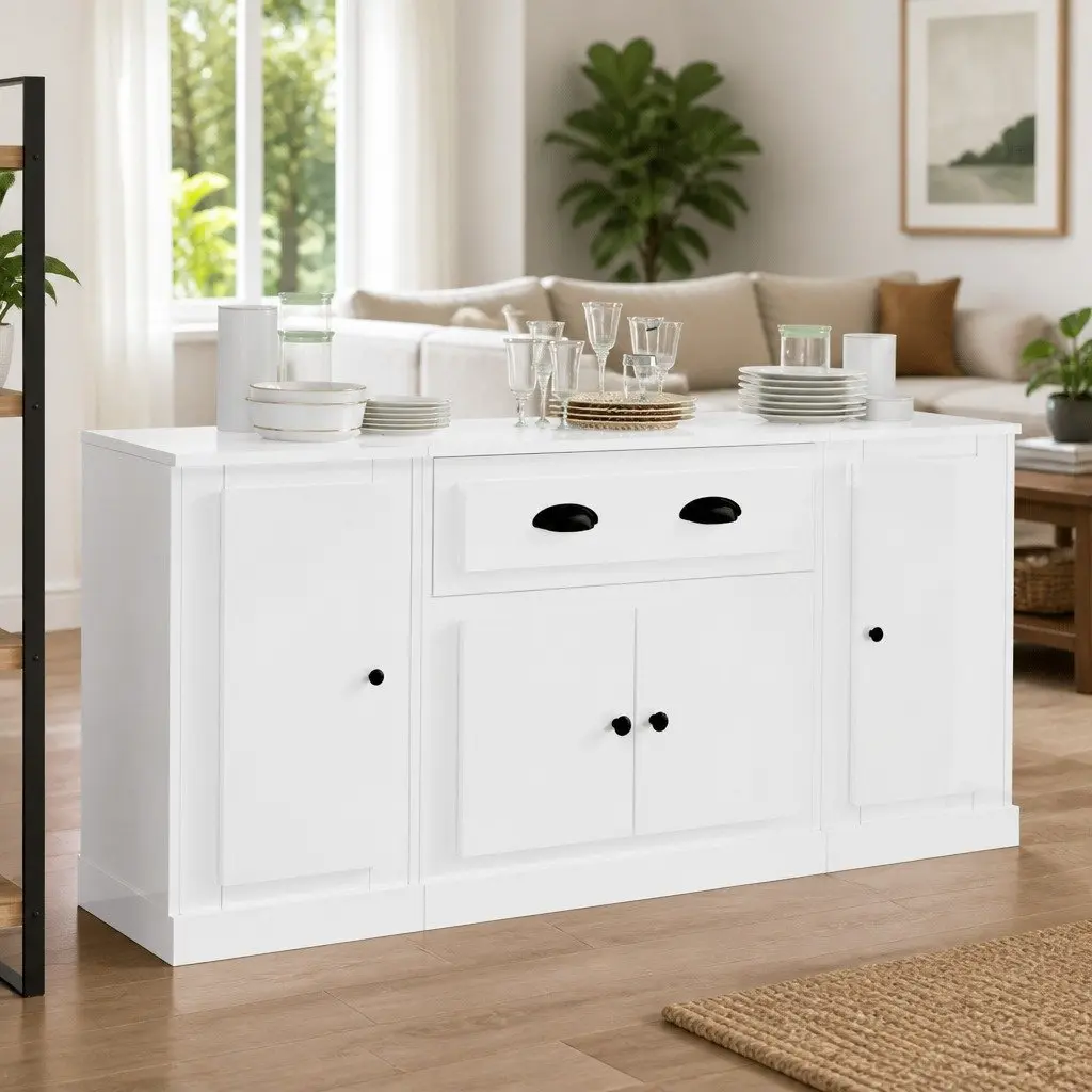 Set of 3 White Sideboards High Gloss Storage Cabinets for Home Use